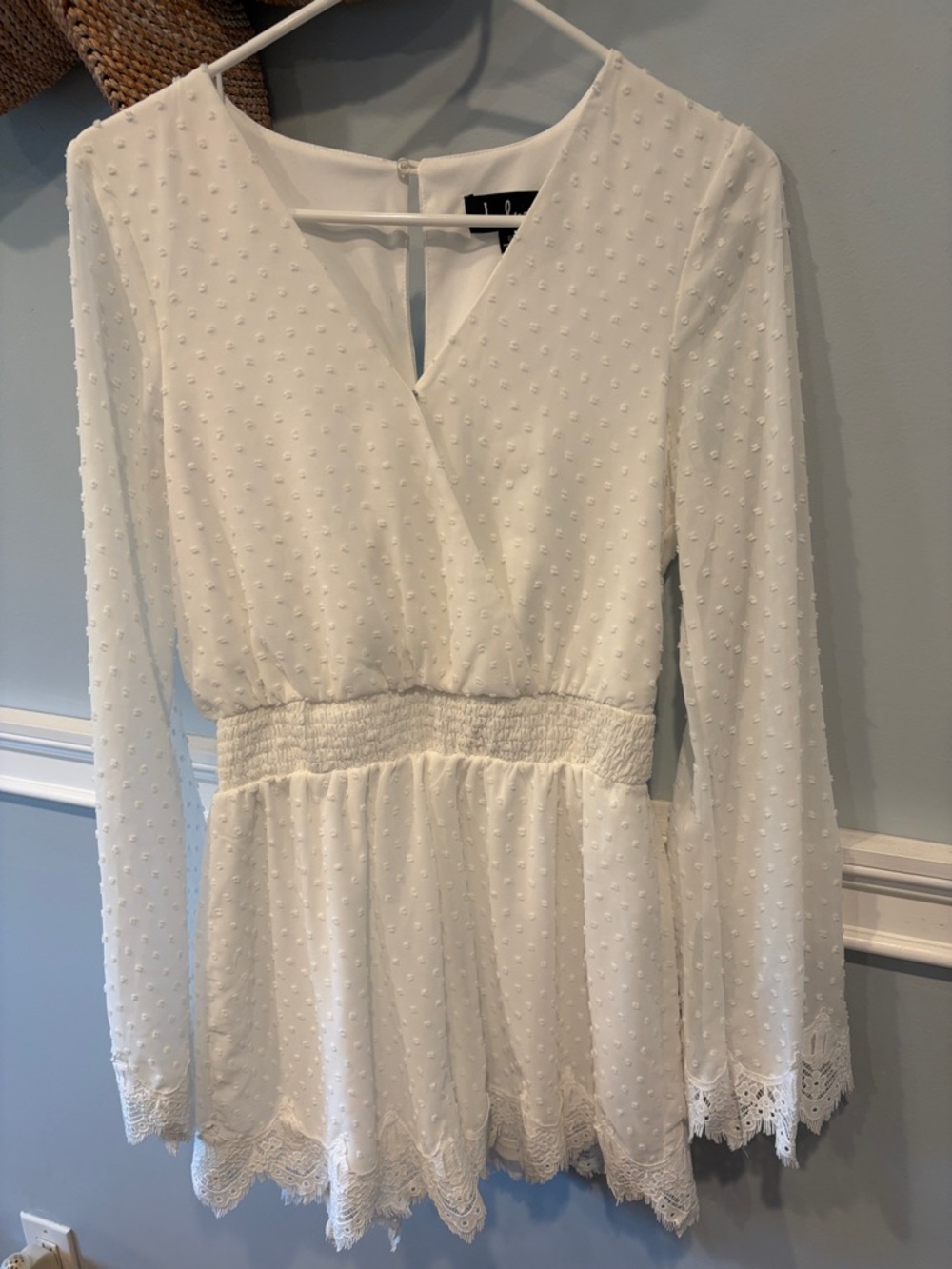 Lulus White Swiss Dot Lace Trim Peplum romper shorts
